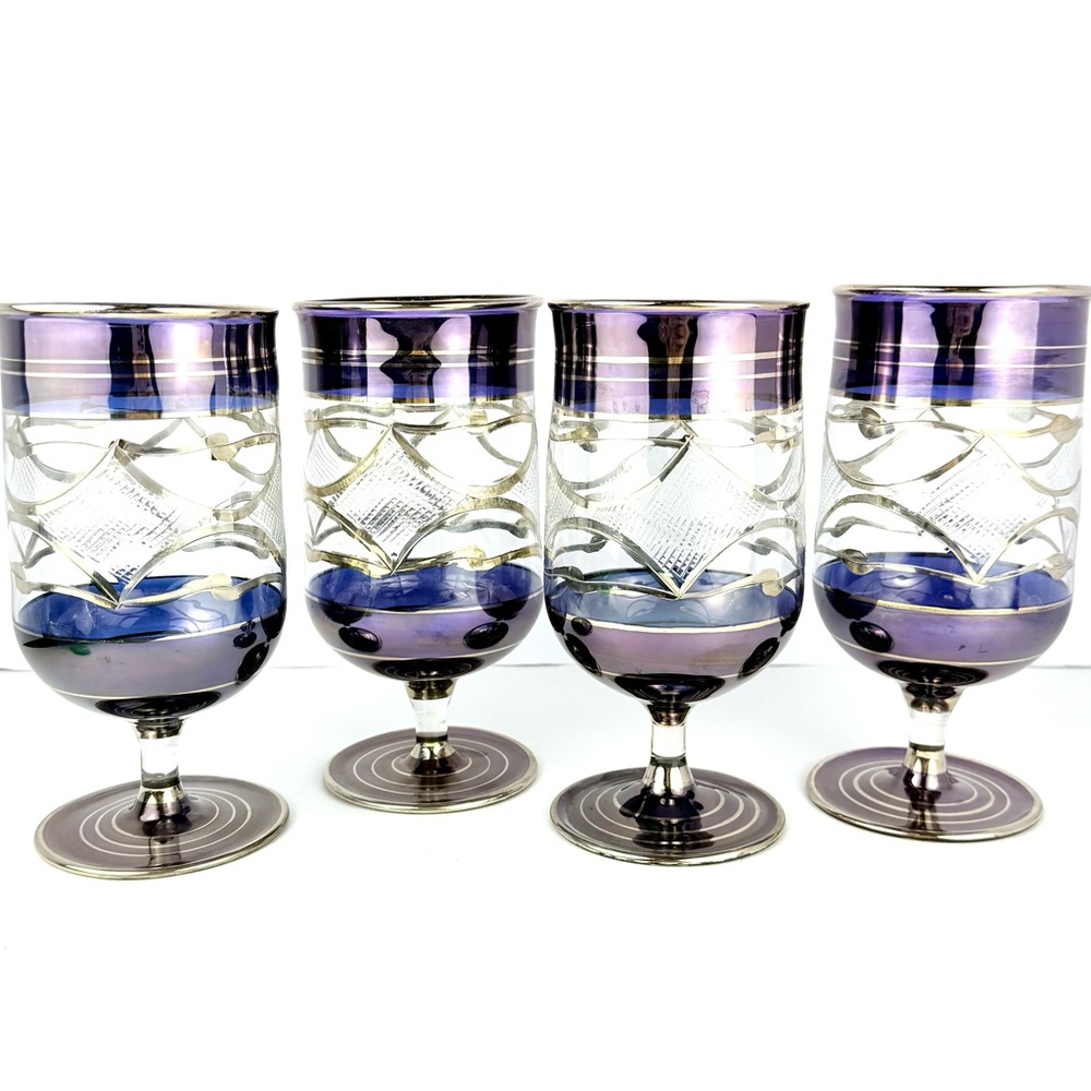 Vintage Set Of 4 FG Lighthouse Purple Blown Pyrex Glass Platinum Plated  Egypt